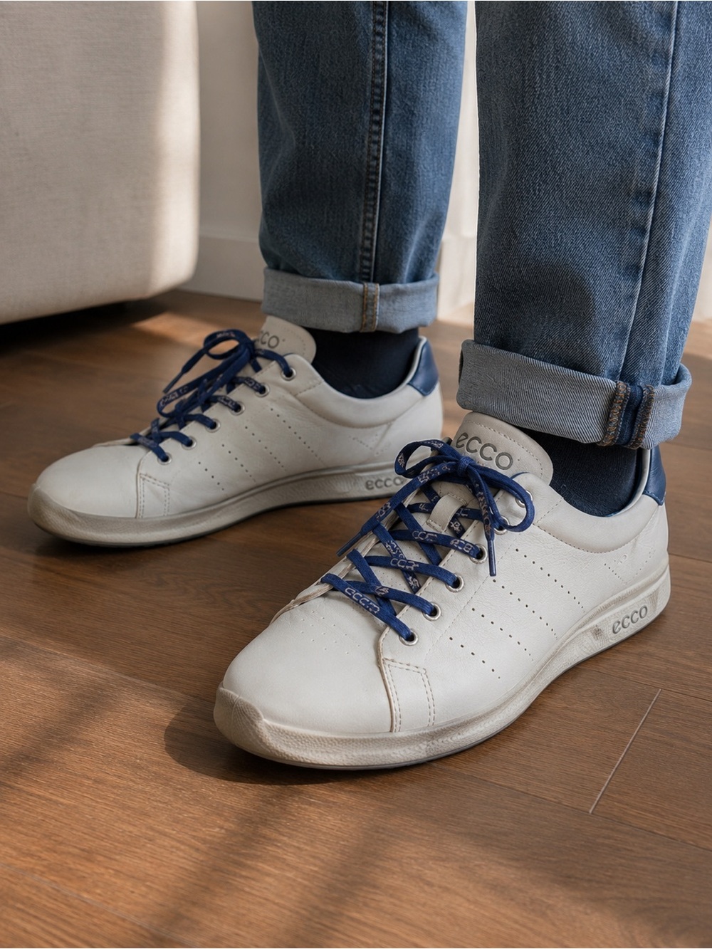 Ecco White Leather Athletic Shoes with Blue Laces
